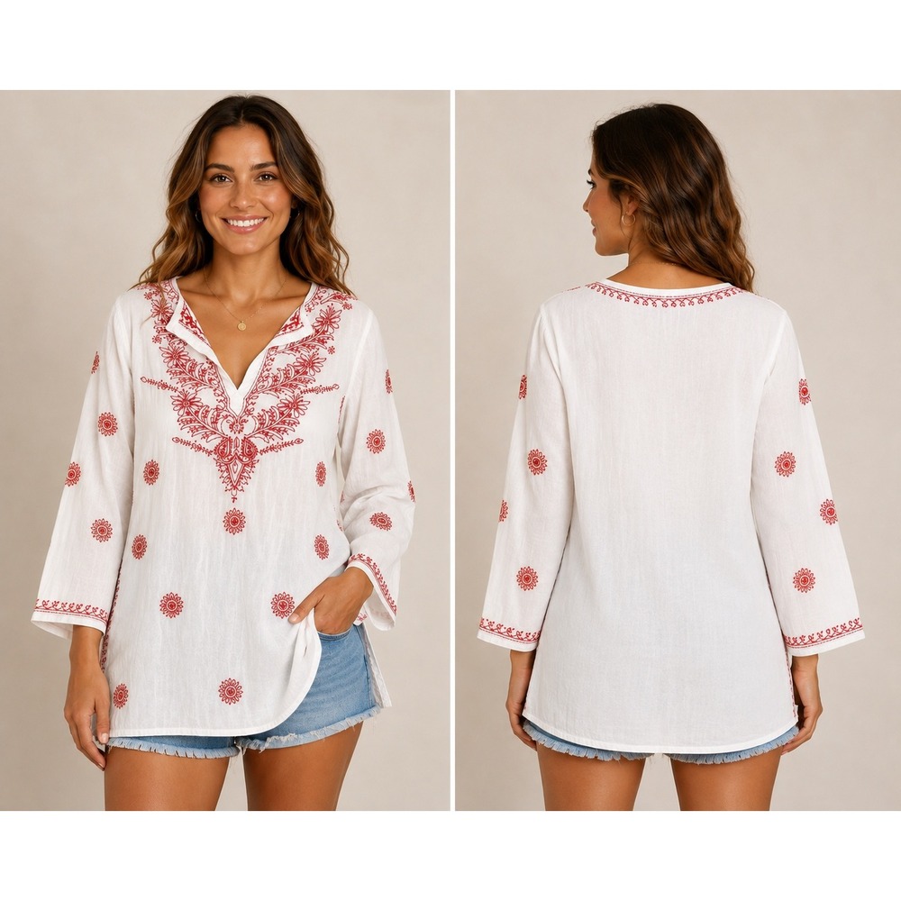 Indian Summer White Red Embroidered Boho Tunic Top Women Medium V-Neck Cotton